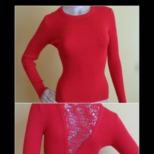 Catherine Malandrino Lipstick Red ribbed sweater V shaped lace back